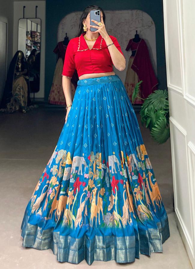 Dola Silk Blue Festival Wear Kalamkari Print Ready To Wear Lehenga Choli